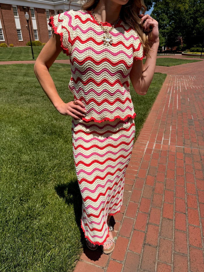 Wavy Chevron Pattern Open Knit Sweater Top & Skirt *Sold Separately