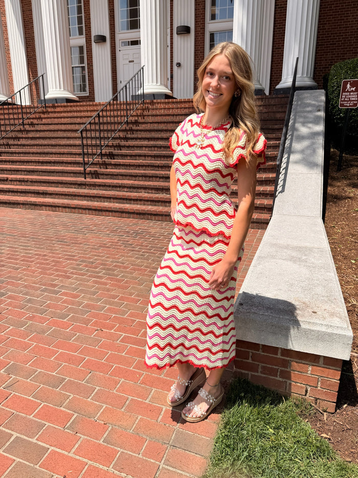 Wavy Chevron Pattern Open Knit Sweater Top & Skirt *Sold Separately