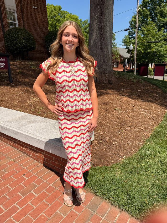 Wavy Chevron Pattern Open Knit Sweater Top & Skirt *Sold Separately