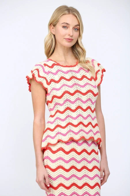 Wavy Chevron Pattern Open Knit Sweater Top & Skirt *Sold Separately