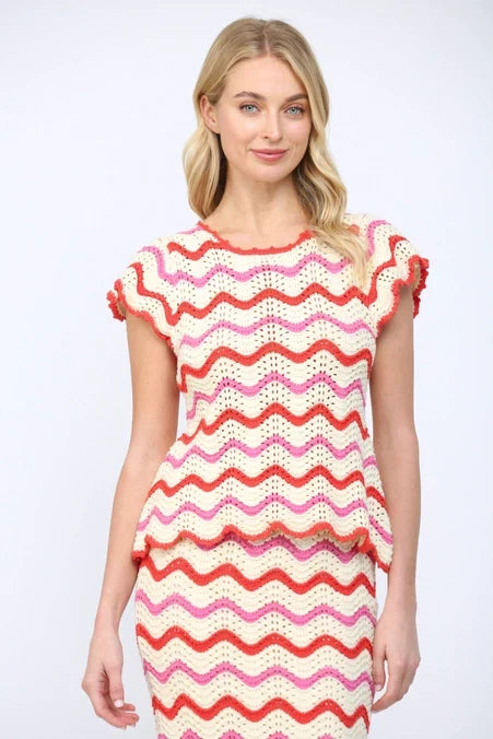 Wavy Chevron Pattern Open Knit Sweater Top & Skirt *Sold Separately