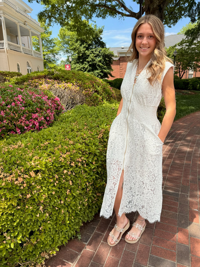 White Lace Zip Up Midi Dress