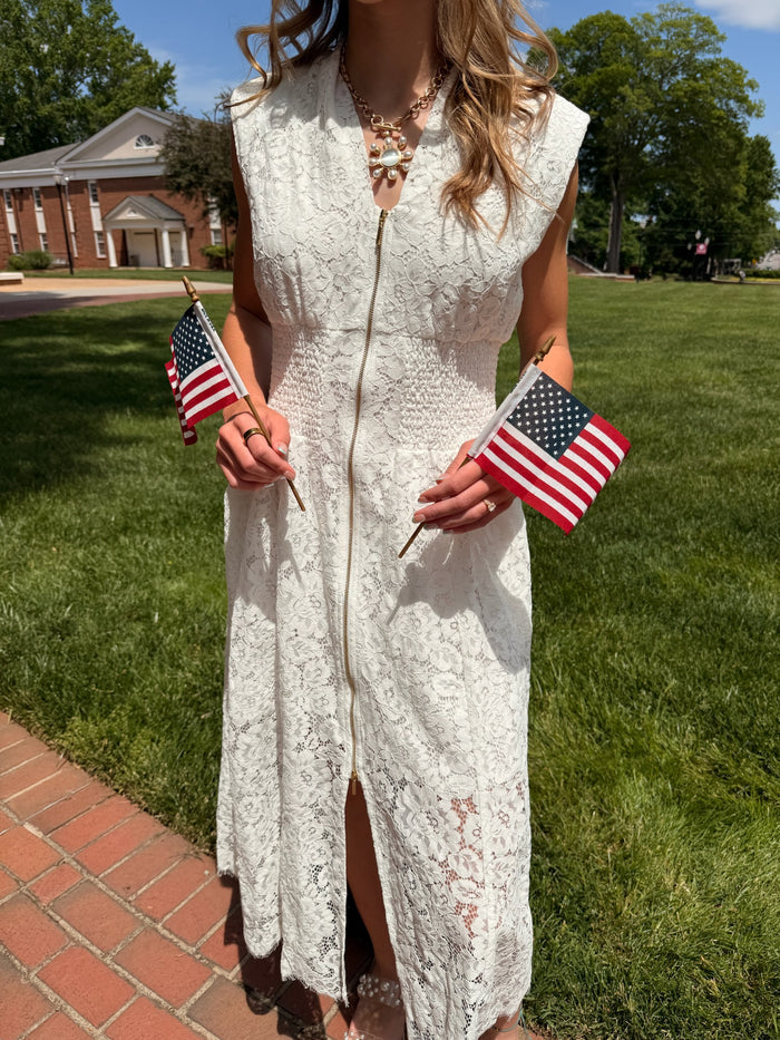 White Lace Zip Up Midi Dress